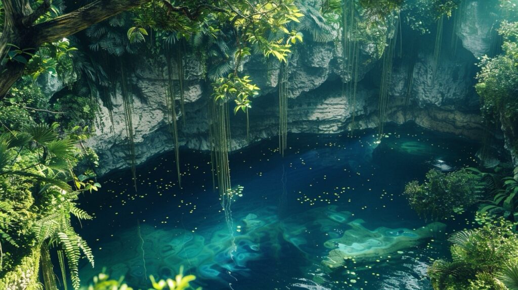 Cenote-Azul-deep-blue-waters-surrounded-by-lush-greenery