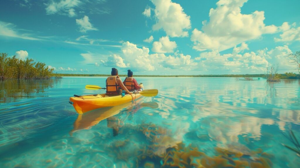 family-enjoying-a-kayaking-adventure-on-the-crystal-clear-waters-of-Bacalar