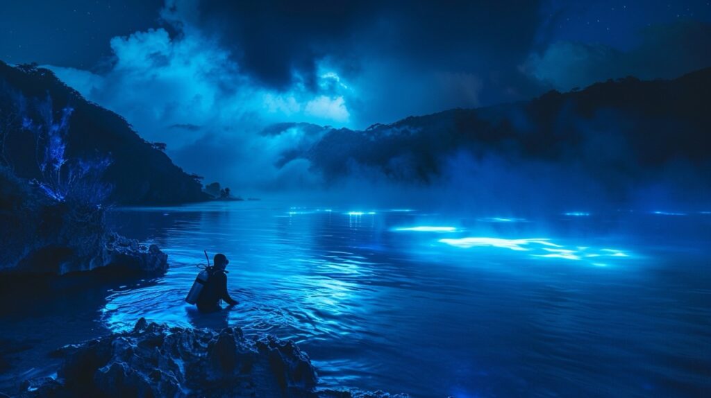 scuba-diver-swimming-near-a-bioluminescent-bay-in-La-Parguera-at-night