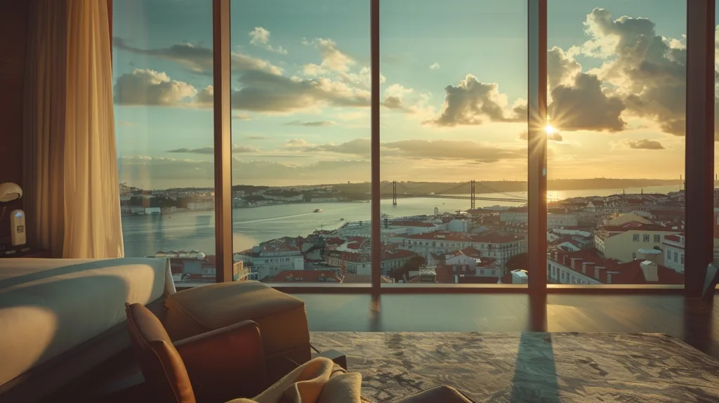 hotel room in Lisbon with a breathtaking panoramic view of the city skyline and the Tagus Rive