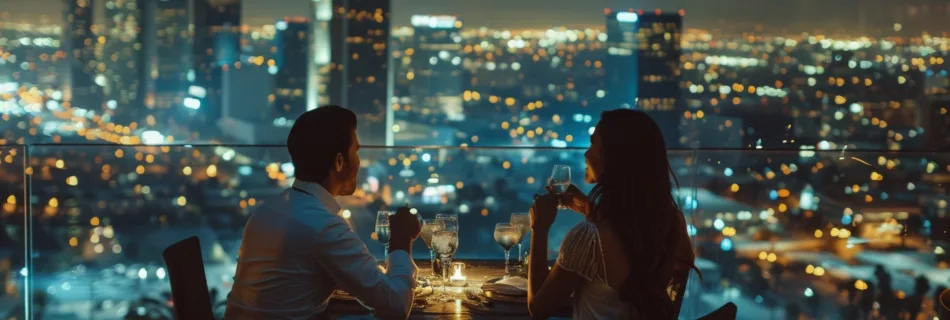 couple enjoying dinner at a rooftop restaurant