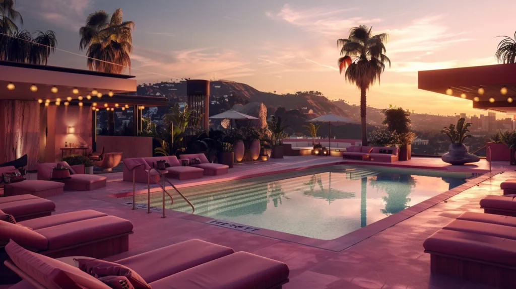 glamorous pool area and lounge with the Hollywood Hills in the background