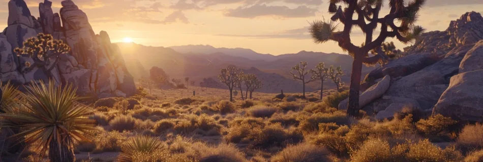 iconic Joshua trees at sunrise with a backdrop of rugged rock formations