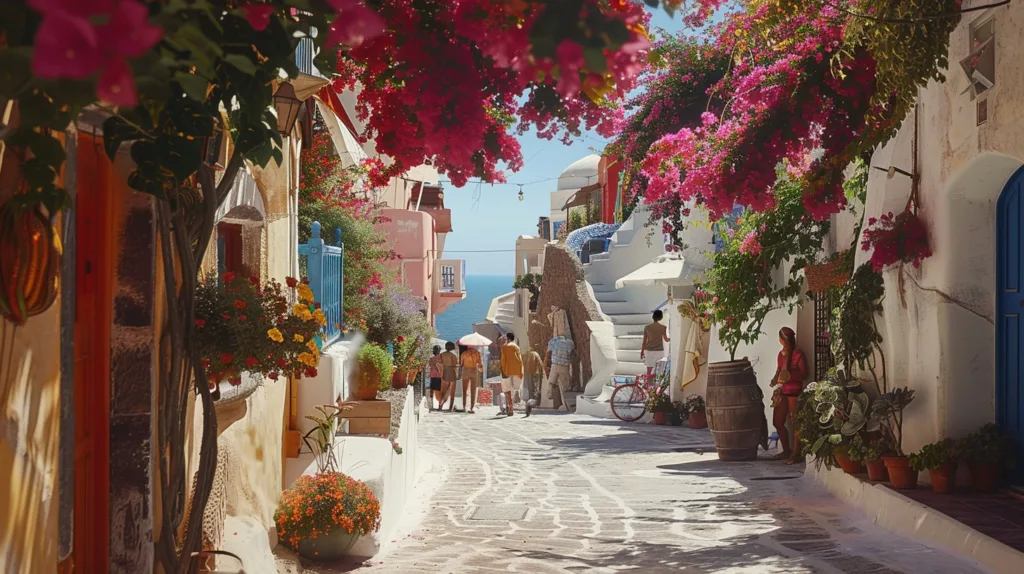 lively street in Oia Santorini