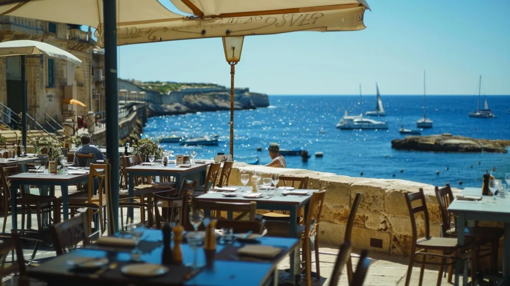 outdoor café in Malta with views of the sea