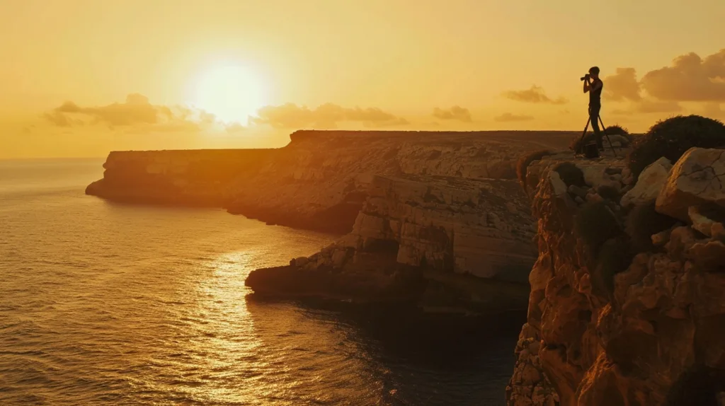 photographer at the cliffs of Comino capturing the sunset